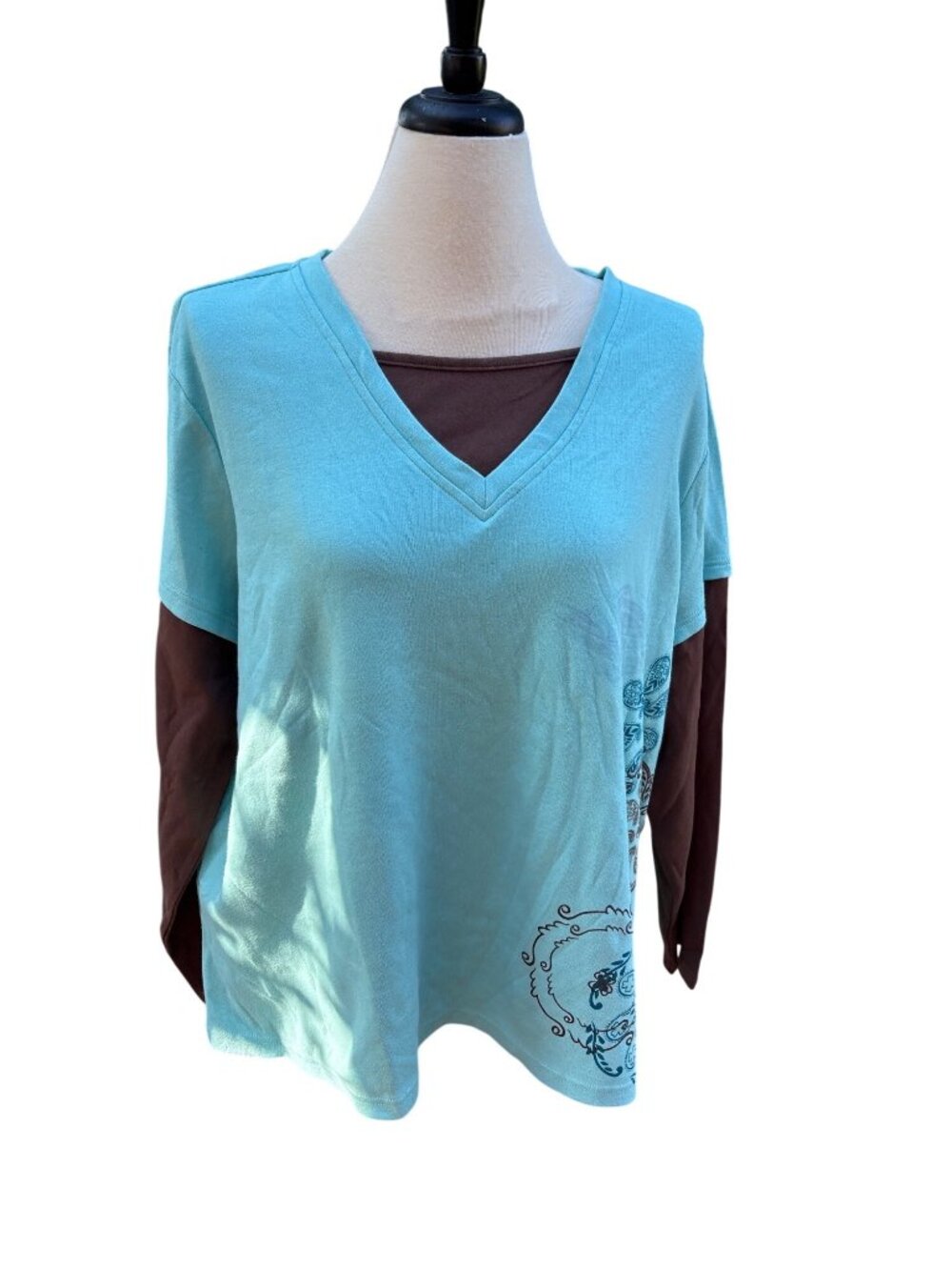 2X Long Sleeve V-Neck Top Brown & Aqua Floral Design Sport Savvy Womens QVC